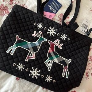 New Vera Bradley Black Quilted Pieced Reindeer Small Tote Bag Nordic Plaid